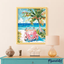 Afbeelding in Gallery-weergave laden, Diamond Painting - Roze auto aan zee reeds ingelijst