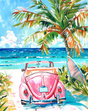 Afbeelding in Gallery-weergave laden, Diamond Painting - Roze auto aan zee reeds ingelijst