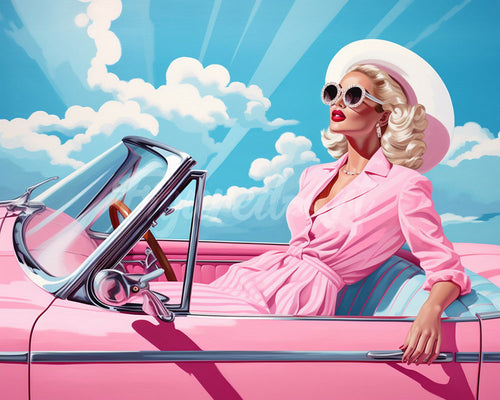 Diamond Painting - Diva in een Roze Retro Auto