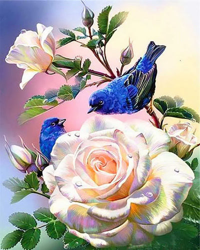 Diamond Painting - Witte bloemen en blauwe vogels