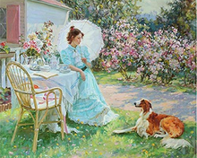 Afbeelding in Gallery-weergave laden, Diamond Painting - Vrouw en haar hond in de tuin