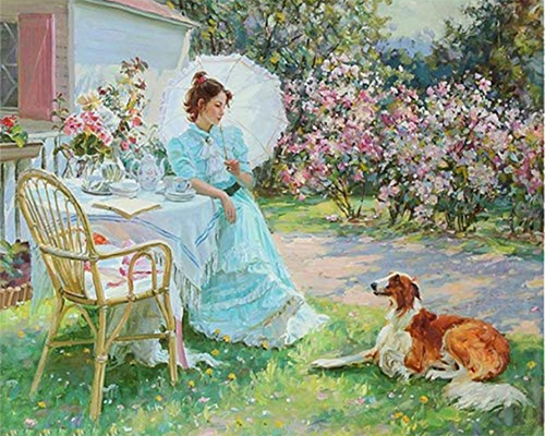 Diamond Painting - Vrouw en haar hond in de tuin