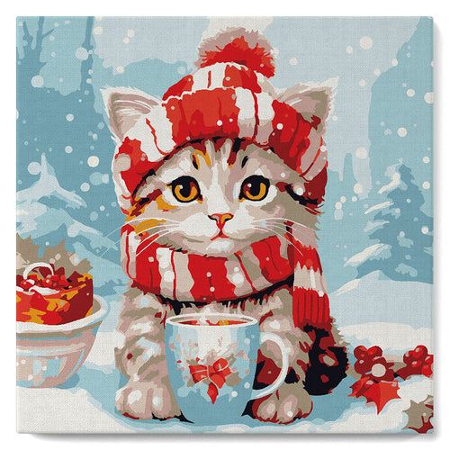 Mini Schilderen op Nummer met Frame - Schattige Kat met Rode Sjaal