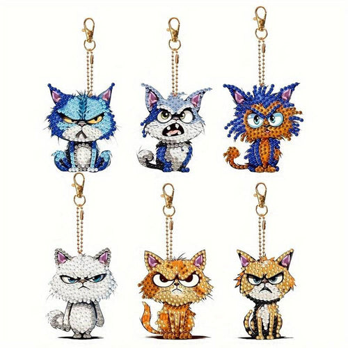 Diamond Painting Sleutelhanger 5D Stoute Katten 6 Stuks