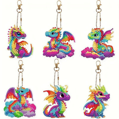Diamond Painting Sleutelhangers 5D Draak 6 Stuks