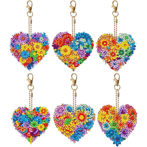 Sleutelhanger Diamond Painting 5D Bloemenhart 6 Stuks