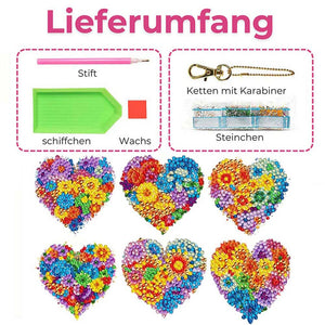 Diamond Painting Sleutelhanger 5D Bloemenhart 6 Stuks
