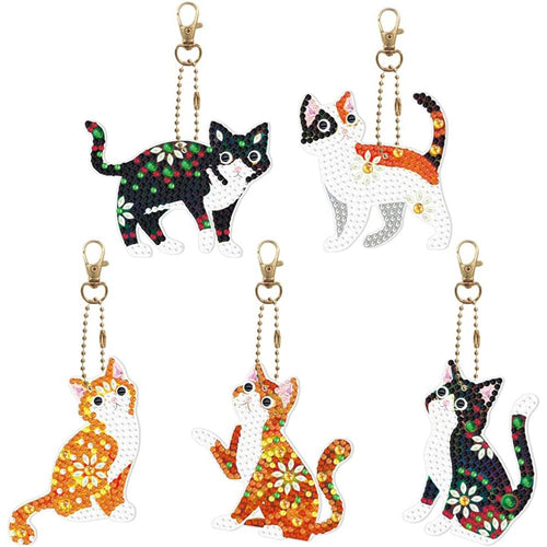 Sleutelhangers Diamond Painting 5D Katten Set van 5 Stuks