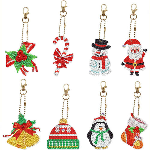 Diamond Painting Sleutelhanger 5D Set 1 Kerst 8 Stuks