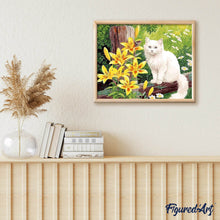 Afbeelding in Gallery-weergave laden, Schilderen op Nummer - Witte kat en gele bloemen
