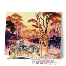 Afbeelding in Gallery-weergave laden, Schilderen op Nummer - Zebra en giraffe bij zonsondergang