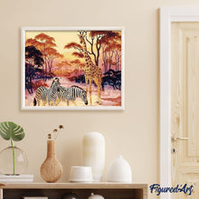 Afbeelding in Gallery-weergave laden, Schilderen op Nummer - Zebra en giraffe bij zonsondergang