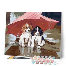 Afbeelding in Gallery-weergave laden, Schilderen op Nummer - Twee puppy's onder een rode paraplu