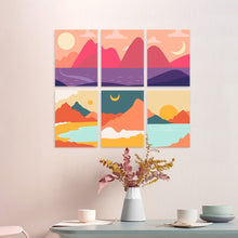 Afbeelding in Gallery-weergave laden, Mini Serie Schilderen op Nummer 15x20cm (6 stuks) - Bergtoppen bij zonsondergang