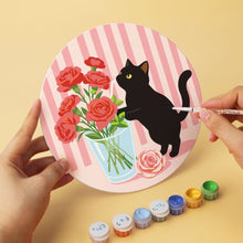 Afbeelding in Gallery-weergave laden, Mini Serie Schilderen op Nummer - Schijven Ø20cm (6 stuks) - Zwarte kat en bloemen