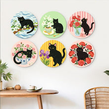 Afbeelding in Gallery-weergave laden, Mini Serie Schilderen op Nummer - Schijven Ø20cm (6 stuks) - Zwarte kat en bloemen