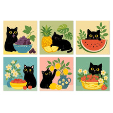Afbeelding in Gallery-weergave laden, Mini Serie Schilderen op Nummer 20x20cm (6 stuks) - Kat en kleurrijk fruit