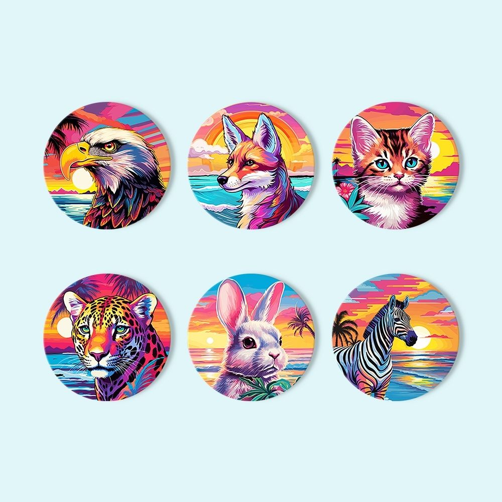 Schilderen op Nummer Onderzetters 15cm (6 stuks) - Fauna Pop Art