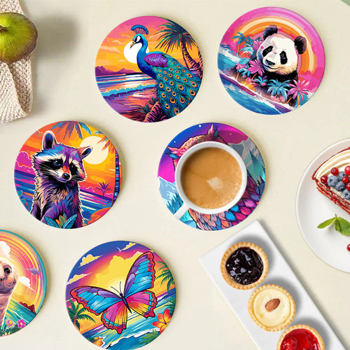 Schilderen op Nummer Onderzetters 15cm (6 stuks) - Serie Fauna met Panda, Wasbeer en Zeehond