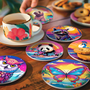 Schilderen op Nummer Onderzetters 15cm (6 stuks) - Fauna Serie met Panda, Wasbeer en Zeehond