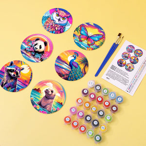 Schilderen op Nummer Onderzetters 15cm (6 stuks) - Fauna Serie met Panda, Wasbeer en Zeehond