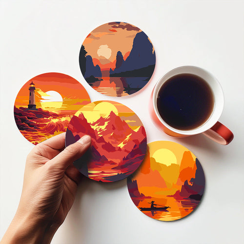 Schilderen op Nummer Onderzetters 15cm (6 stuks) - Zonsondergangscène