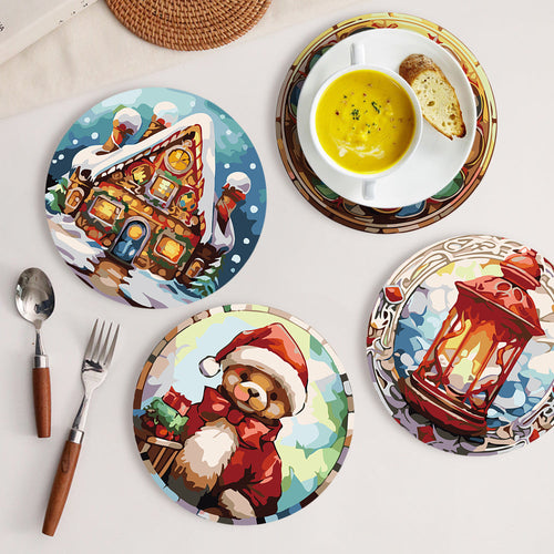 Schilderen op Nummer Placemat Sets 20 cm (6 stuks) - Peperkoekhuis, Kerstboom en Winterontwerpen
