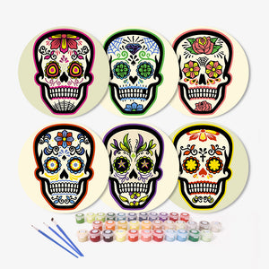 Schilderen op Nummer Placemat Sets 20 cm (6 stuks) - Kleurrijke Doodshoofd van de Dag van de Doden
