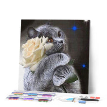 Afbeelding in Gallery-weergave laden, Diamond Painting - Kat en witte roos dieren, katten, Diamond Painting Dieren, Diamond Painting Landschappen, landschappen