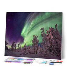 Afbeelding in Gallery-weergave laden, Diamond Painting - Noorderlicht en bomen Diamond Painting Landschappen, landschappen