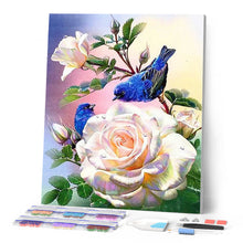 Afbeelding in Gallery-weergave laden, Diamond Painting - Witte bloemen en blauwe vogels