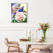 Afbeelding in Gallery-weergave laden, Diamond Painting - Witte bloemen en blauwe vogels