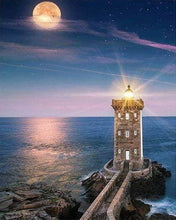 Afbeelding in Gallery-weergave laden, Diamond Painting - Vuurtoren en Volle Maan Diamond Painting Landschappen, landschappen