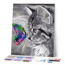 Afbeelding in Gallery-weergave laden, Diamond Painting - Kat en vlinder kleurrijk dieren, vlinders, katten, Diamond Painting Dieren