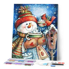 Afbeelding in Gallery-weergave laden, Diamond Painting - Sneeuwpop en warme chocolademelk Diamond Painting Landschappen, landschappen, winter