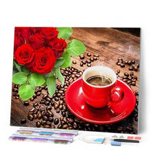 Afbeelding in Gallery-weergave laden, Diamond Painting - Koffie en rozen boeket Diamond Painting Bloemen, Diamond Painting Keuken, bloemen, keuken