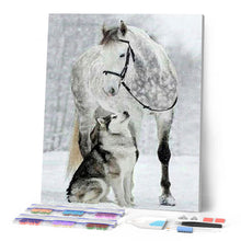 Afbeelding in Gallery-weergave laden, Diamond Painting - Paard en wolf in de sneeuw dieren, Diamond Painting Dieren, paarden, konijnen, winter, wolven