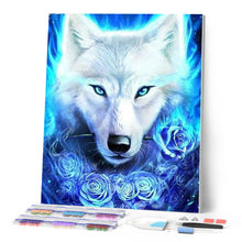 Afbeelding in Gallery-weergave laden, Diamond Painting - Wolf en blauwe rozen dieren, Diamond Painting Dieren