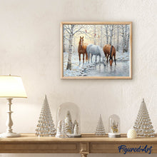 Afbeelding in Gallery-weergave laden, Diamond Painting - Drie paarden in het besneeuwde bos dieren, Diamond Painting Dieren, paarden