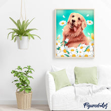 Afbeelding in Gallery-weergave laden, Diamond Painting - Golden Retriever spelend in de bloemen 40x50cm reeds ingelijst