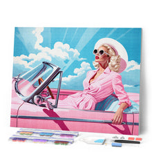 Afbeelding in Gallery-weergave laden, Diamond Painting - Diva in een Roze Retro Auto 40x50cm reeds ingelijst