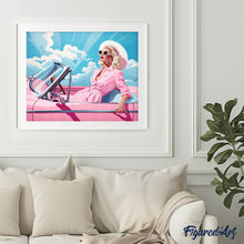 Afbeelding in Gallery-weergave laden, Diamond Painting - Diva in een Roze Retro Auto 40x50cm reeds ingelijst