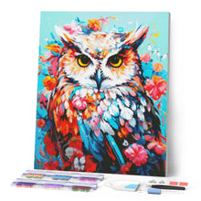Afbeelding in Gallery-weergave laden, Diamond Painting - Kleurrijke Uil in Bloei reeds ingelijst