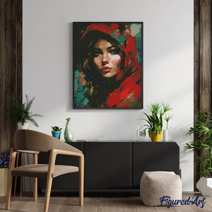 Diamond Painting - Vrouw in Rode Sjaal reeds ingelijst