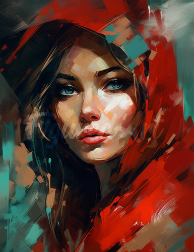 Diamond Painting - Vrouw in Rode Sjaal reeds ingelijst