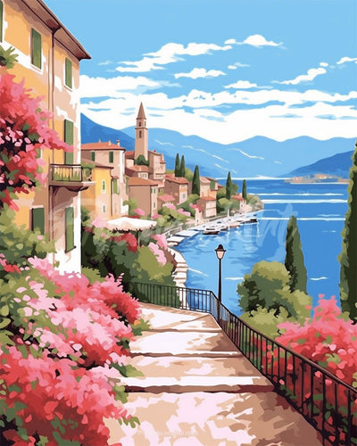 Diamond Painting - Meer van Como in Bloei reeds ingelijst