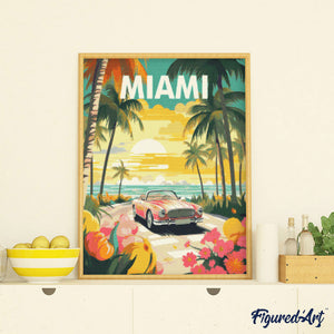 Diamond Painting - Reisposter zonsondergang in Miami reeds ingelijst