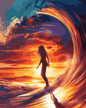 Afbeelding in Gallery-weergave laden, Diamond Painting - Surfer meisje en de grote golf reeds ingelijst