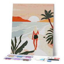 Afbeelding in Gallery-weergave laden, Diamond Painting - Strandwandeling bij zonsondergang reeds ingelijst