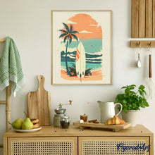 Afbeelding in Gallery-weergave laden, Diamond Painting - Surfplank op het strand reeds ingelijst